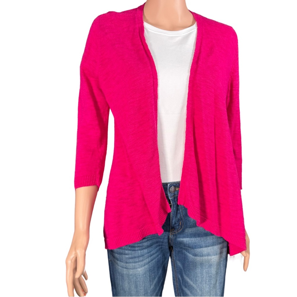 Chico's Hot Pink Open Front Draped Cardigan Sweater 3/4 Sleeve Size 1 Medium